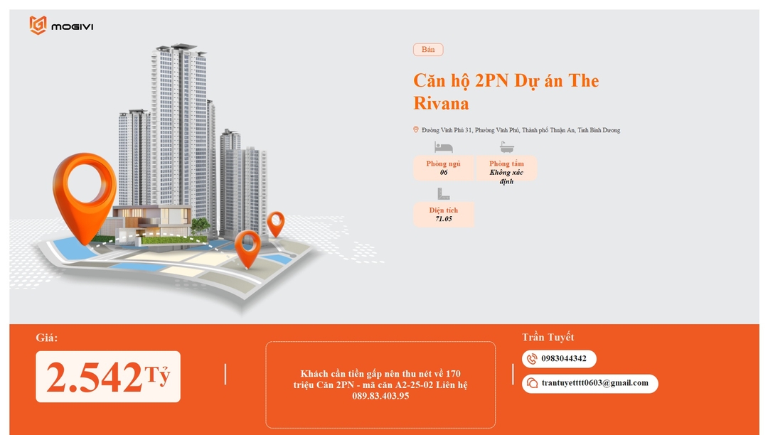Mua Bán Căn hộ 2PN The Rivana 71.05m2 Giá 2,542 tỷ VND