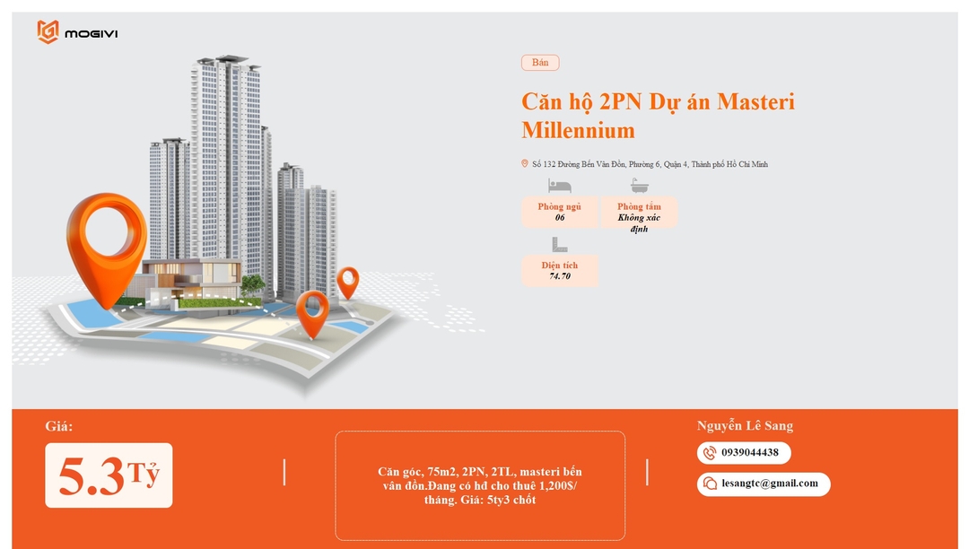 Mua Bán Căn hộ 2PN Masteri Millennium 74.7m2 Giá 5,3 tỷ VND