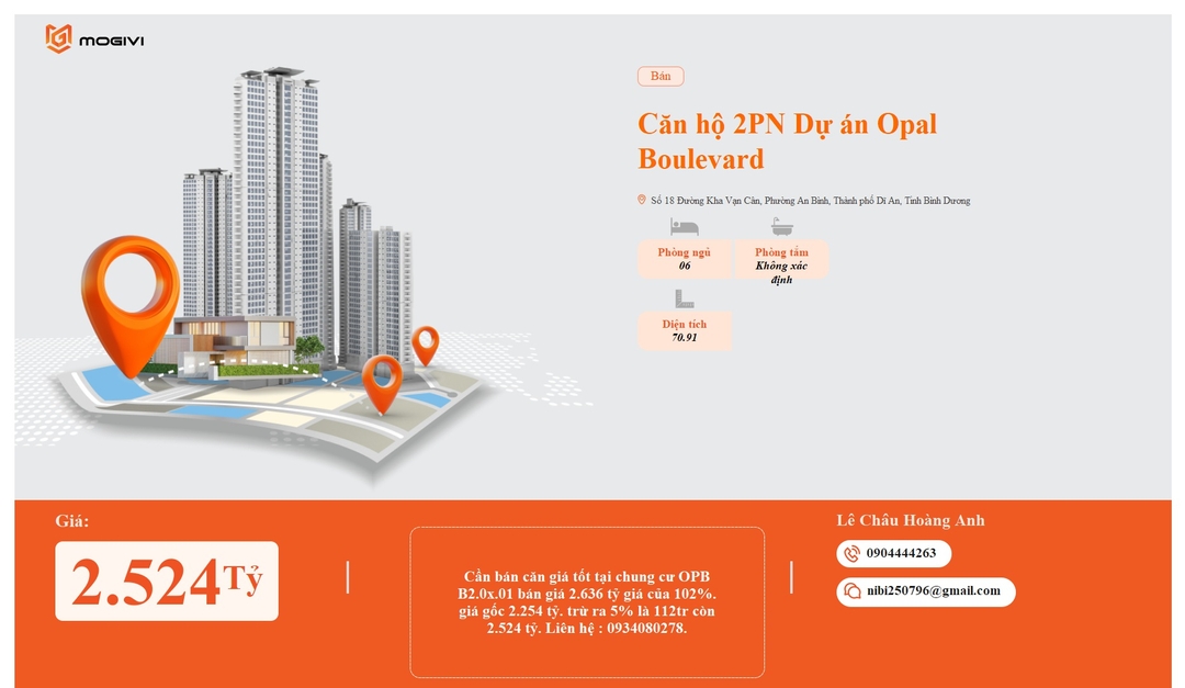 Mua Bán Căn hộ 2PN Opal Boulevard 70.91m2 Giá 2,524 tỷ VND