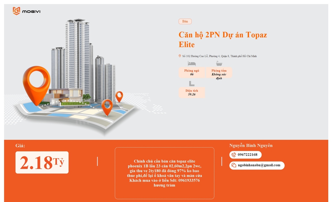 Mua Bán Căn hộ 2PN Topaz Elite 59.26m2 Giá 2,18 tỷ VND