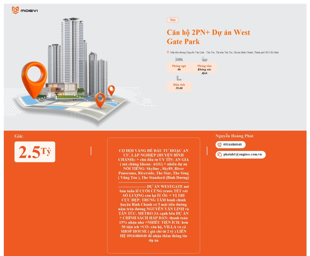 Mua Bán Căn hộ 2PN+ West Gate Park 59m2 Giá 2,5 tỷ VND
