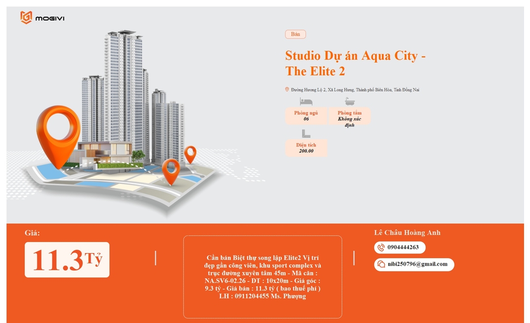 Mua Bán Biệt thự song lập Aqua City - The Elite 2 200m2 Giá 11,3 tỷ VND