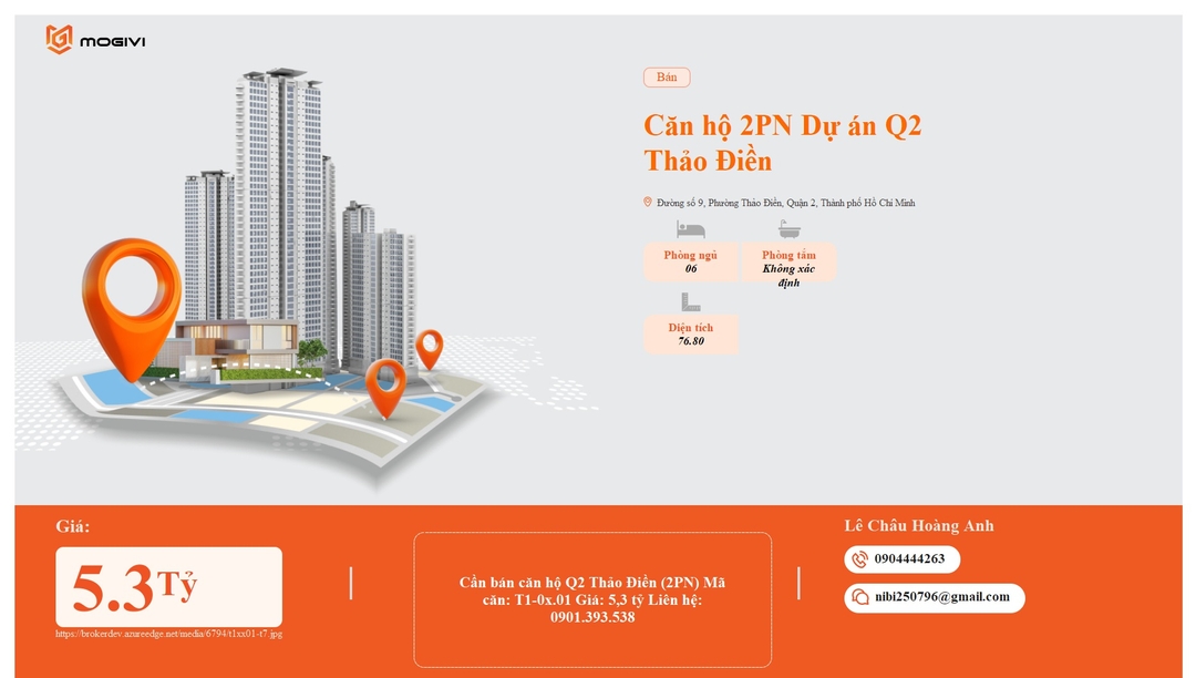 Mua Bán Căn hộ 2PN Q2 Thảo Điền 76.8m2 Giá 5,3 tỷ VND