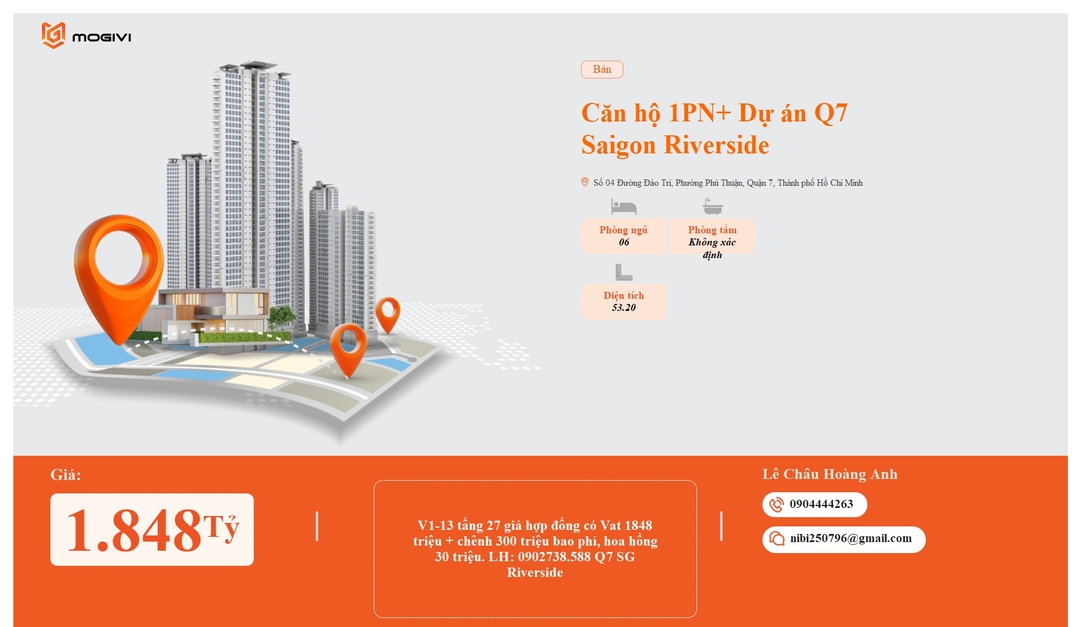 Mua Bán Căn hộ 1PN+ Q7 Saigon Riverside 53.2m2 Giá 1,848 tỷ VND