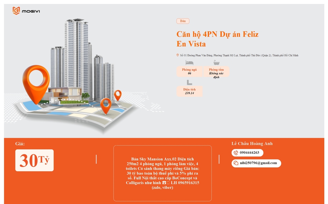 Mua Bán Căn hộ 4PN Feliz en Vista 239.14m2 Giá 30 tỷ VND