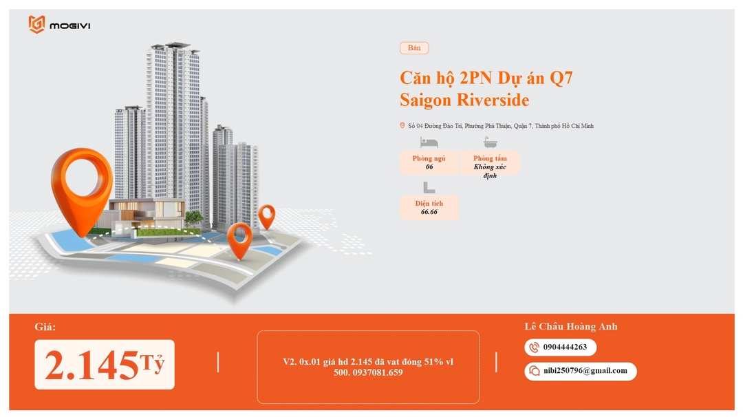 Mua Bán Căn hộ 2PN Q7 Saigon Riverside 66.66m2 Giá 2,145 tỷ VND