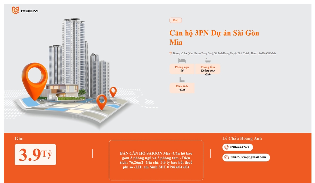 Mua Bán Căn hộ 3PN Saigon Mia 76.26m2 Giá 3,9 tỷ VND