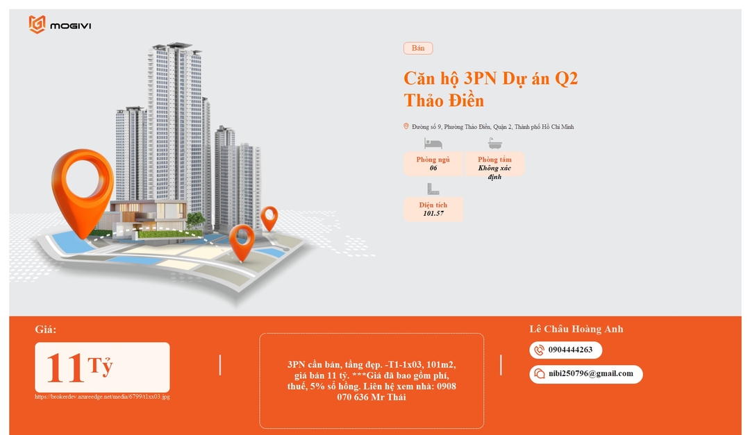 Mua Bán Căn hộ 3PN Q2 Thảo Điền 101.57m2 Giá 11 tỷ VND