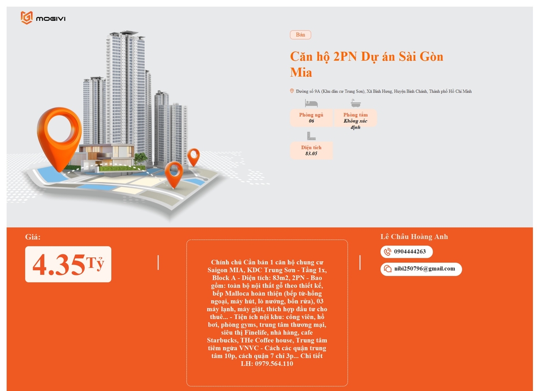 Mua Bán Căn hộ 2PN+ Saigon Mia 83.05m2 Giá 4,35 tỷ VND