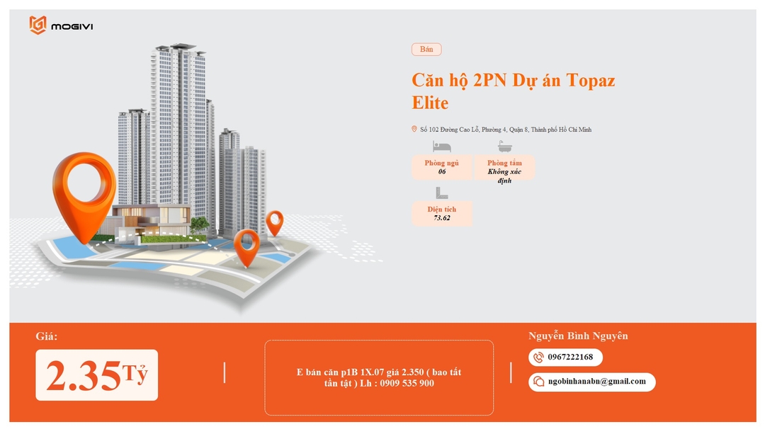 Mua Bán Căn hộ 2PN Topaz Elite 73.62m2 Giá 2,35 tỷ VND