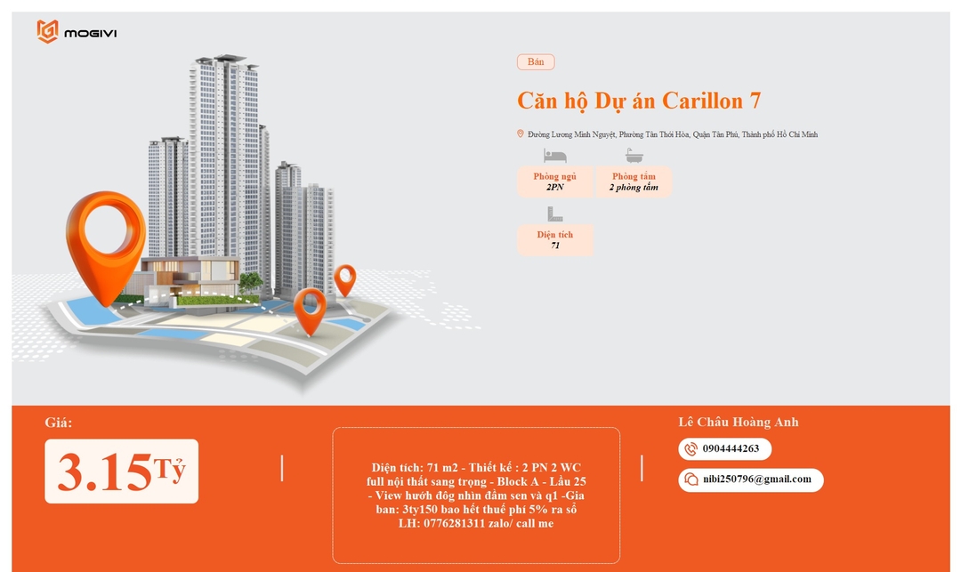 Mua Bán Căn hộ 2PN+ Carillon 7 71m2 Giá 3,15 tỷ VND