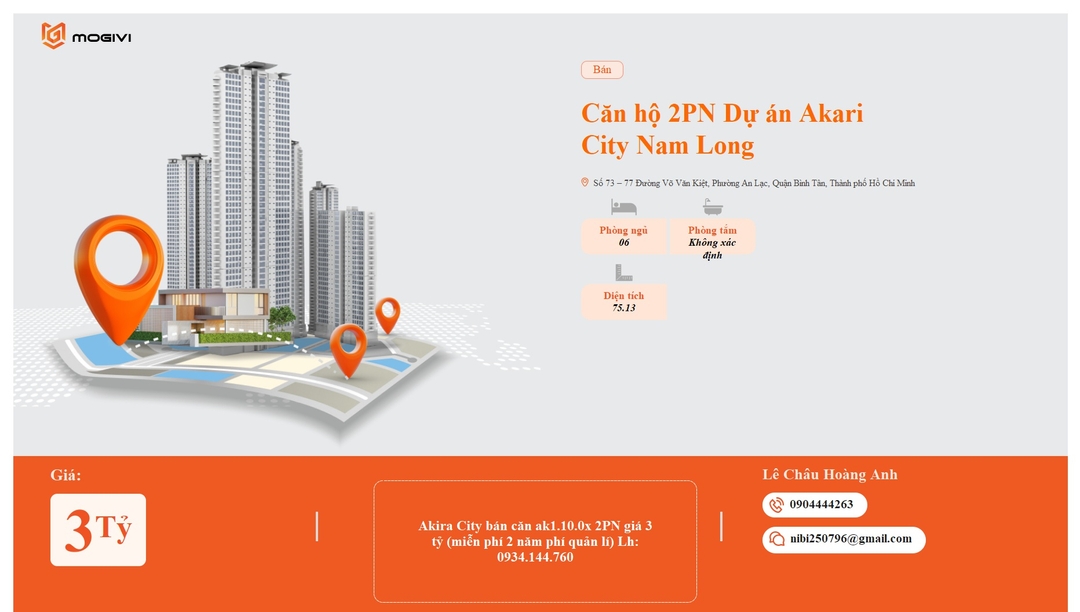 Mua Bán Căn hộ 2PN Akari City 75.13m2 Giá 3 tỷ VND
