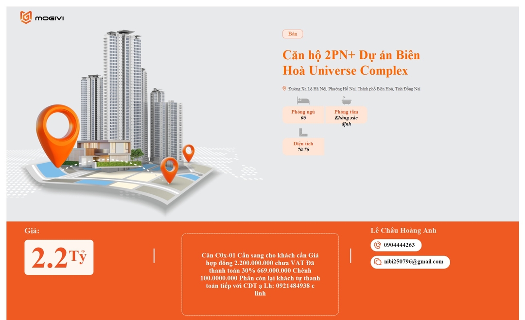 Mua Bán Căn hộ 2PN+ Bien Hoa Universe Complex 70.76m2 Giá 2,2 tỷ VND