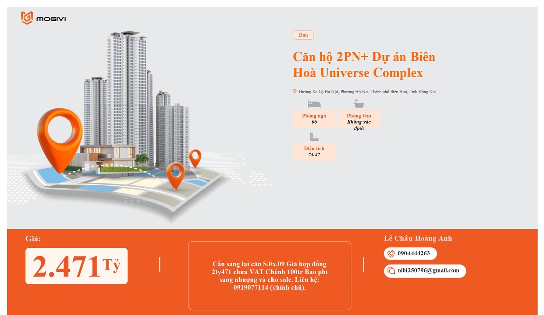 Mua Bán Căn hộ 2PN+ Bien Hoa Universe Complex 74.27m2 Giá 2,471 tỷ VND
