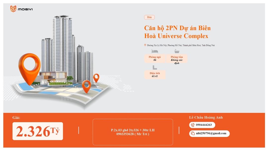 Mua Bán Căn hộ 2PN Bien Hoa Universe Complex 65.41m2 Giá 2,326 tỷ VND