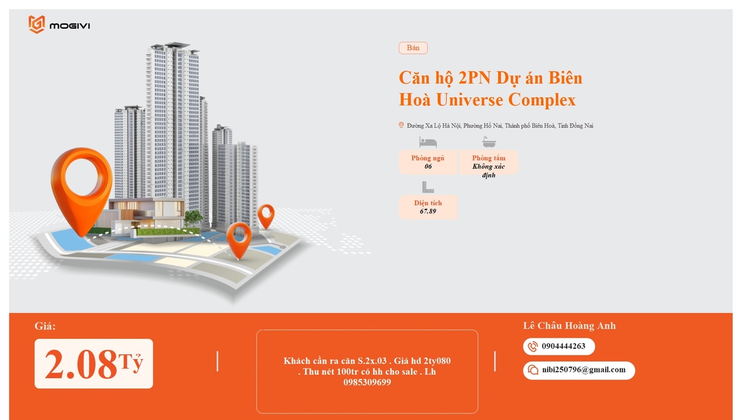 Mua Bán Căn hộ 2PN Bien Hoa Universe Complex 67.89m2 Giá 2,08 tỷ VND