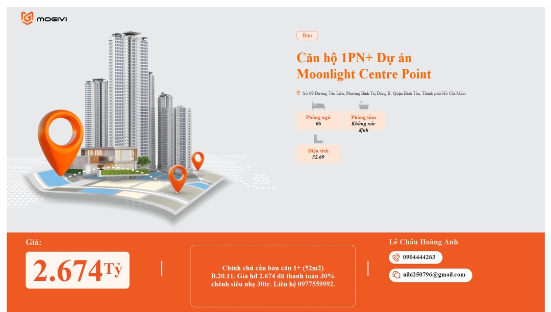 Mua Bán Căn hộ 1PN+ Moonlight Centre Point 52.69m2 Giá 2,674 tỷ VND