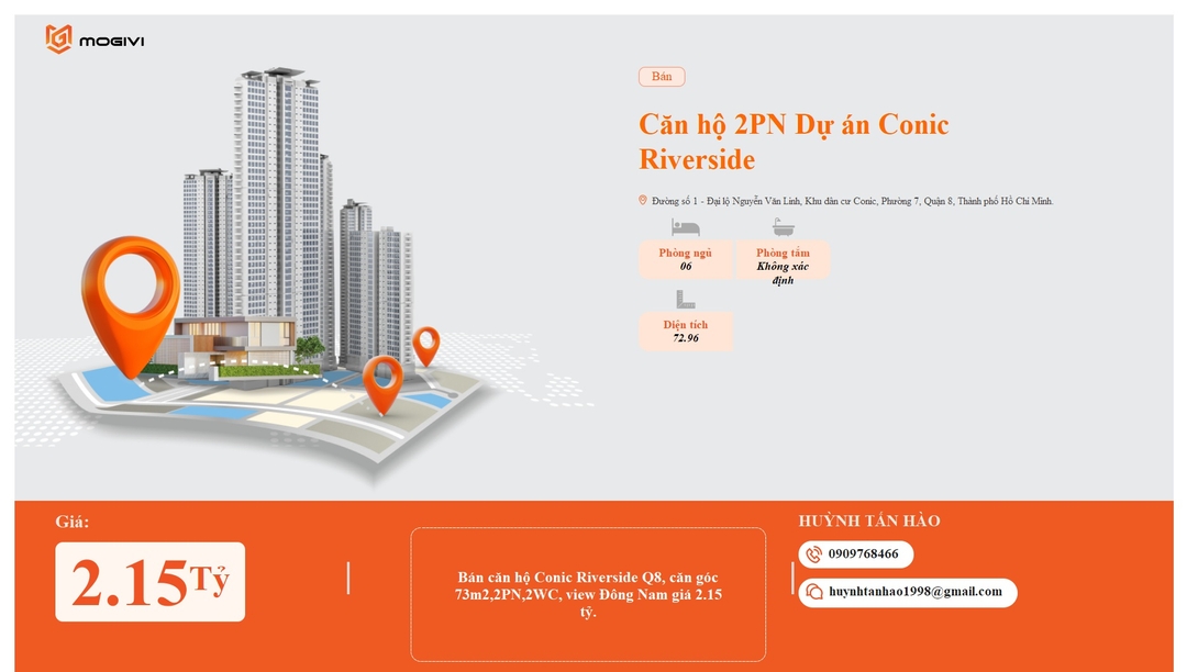 Mua Bán Căn hộ 2PN Conic Riverside 72.96m2 Giá 2,15 tỷ VND
