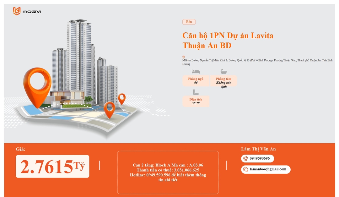 Mua Bán Căn hộ 1PN Lavita Thuận An 50.78m2 Giá 2,7615 tỷ VND