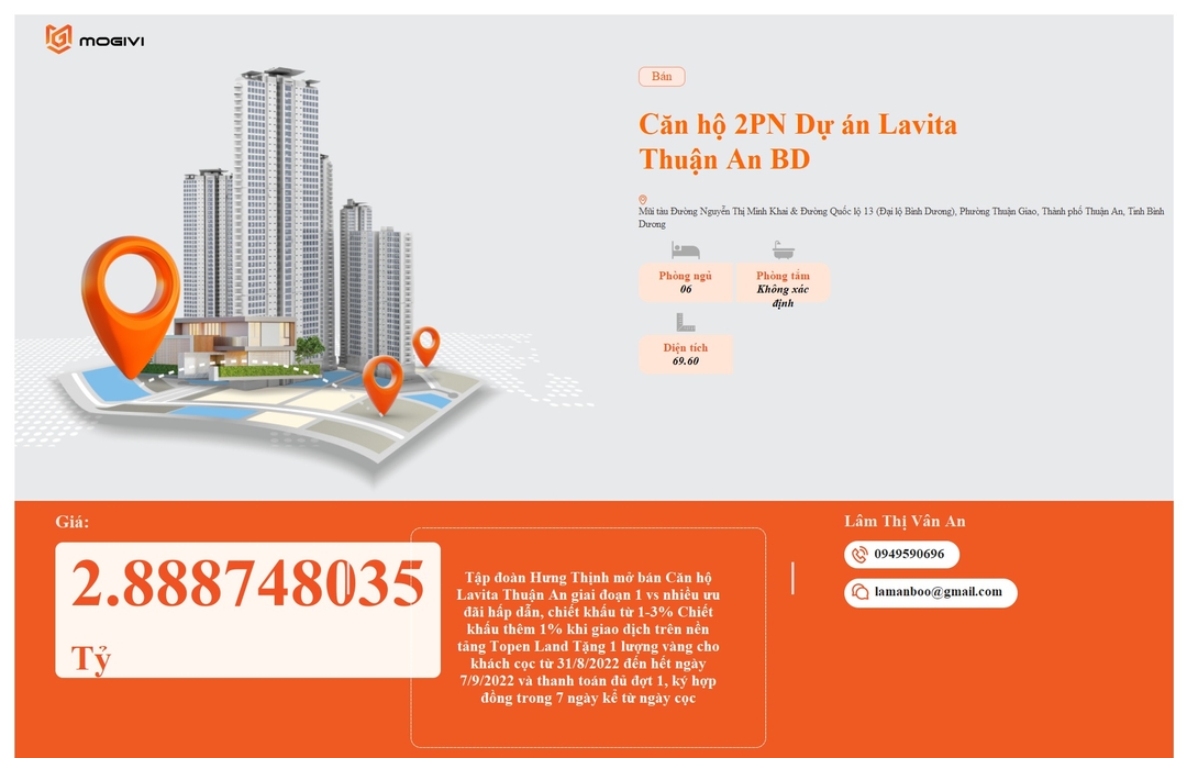 Mua Bán Căn hộ 2PN Lavita Thuận An 69.6m2 Giá 2,888748035 tỷ VND
