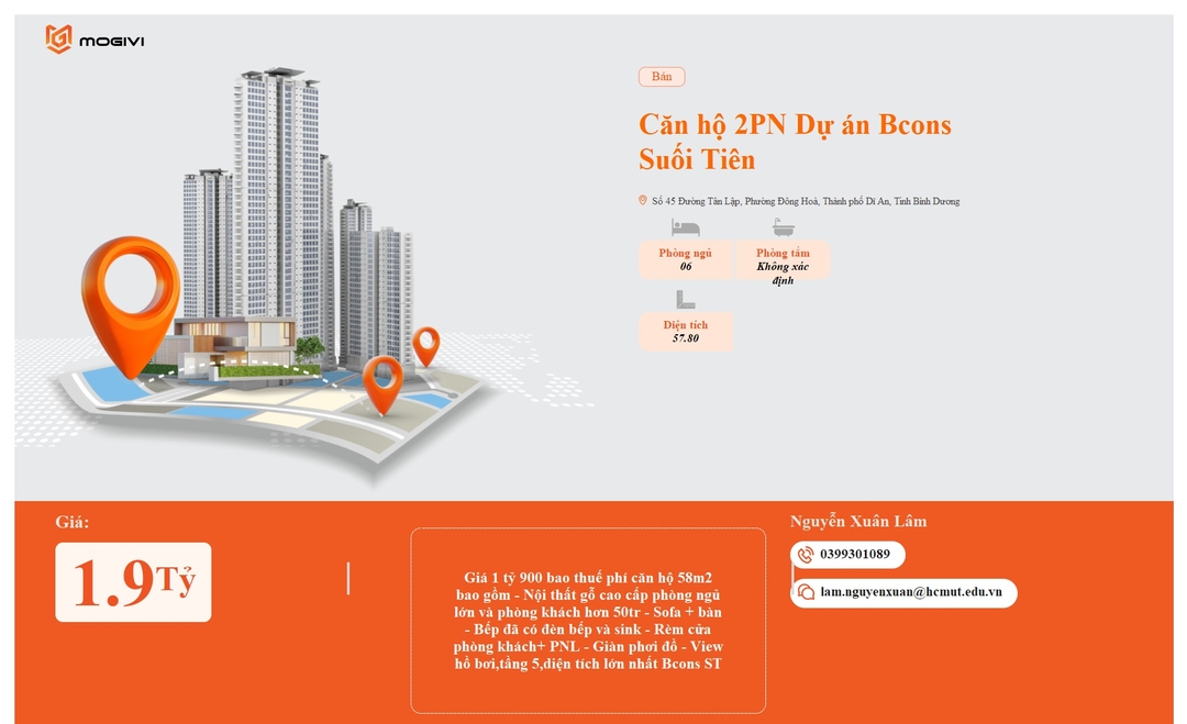 Mua Bán Căn hộ 2PN Bcons Suối Tiên 57.8m2 Giá 1,9 tỷ VND