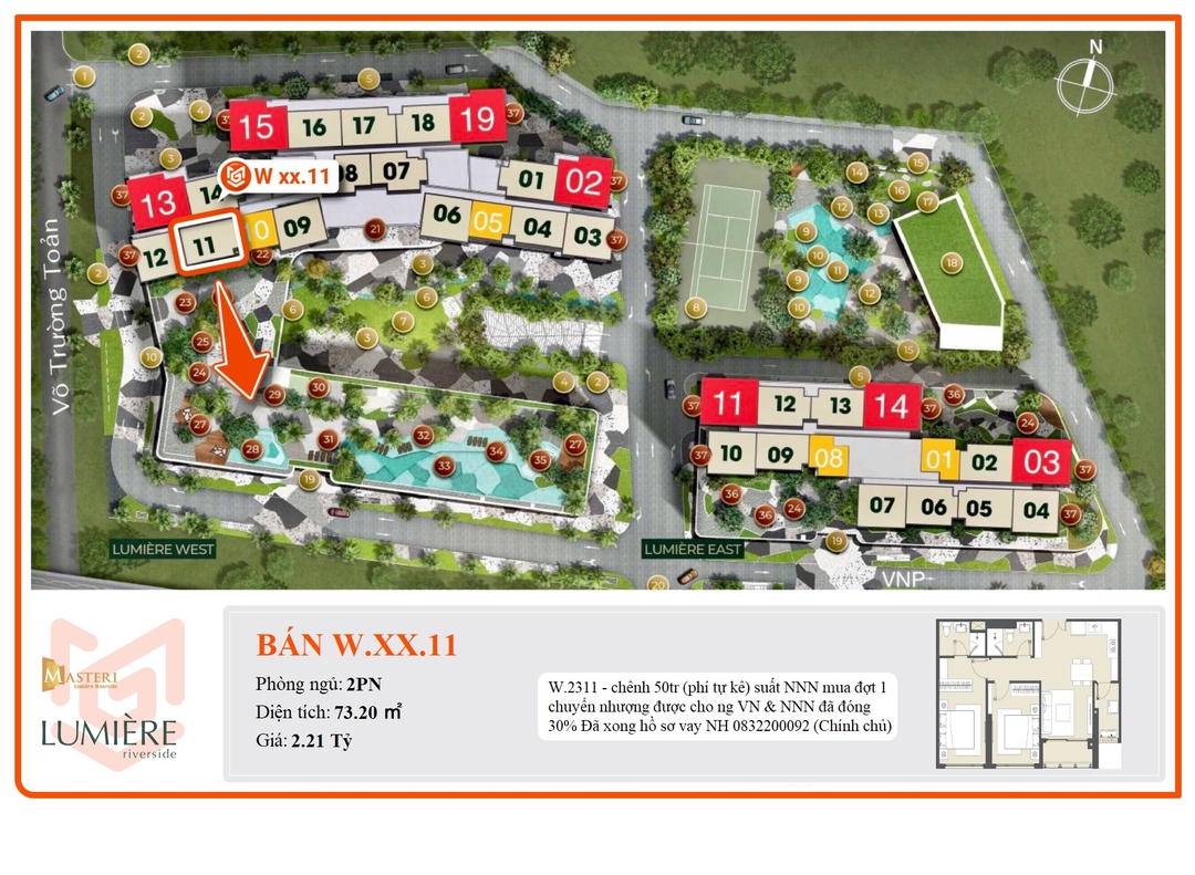 Mua Bán Căn hộ 2PN Masteri Lumiere Riverside 73.2m2 Giá 2,21 tỷ VND