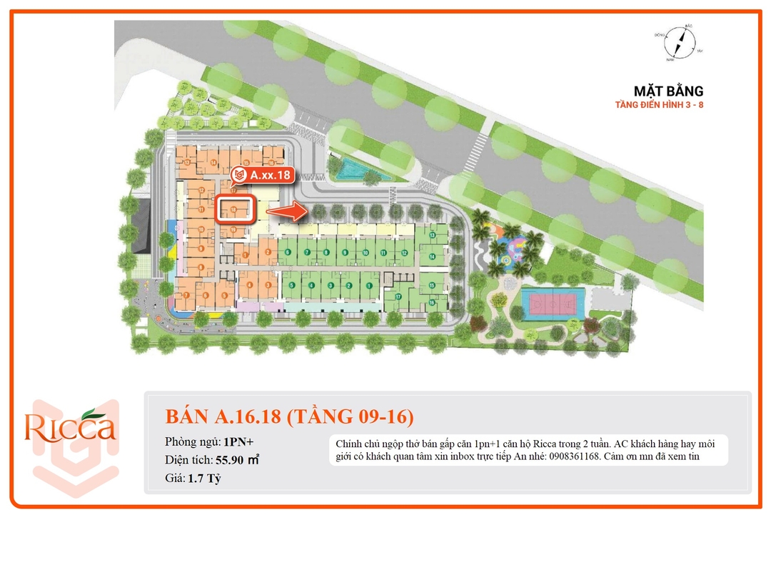 Mua Bán Căn hộ 1PN+ Ricca 55.9m2 Giá 1,7 tỷ VND