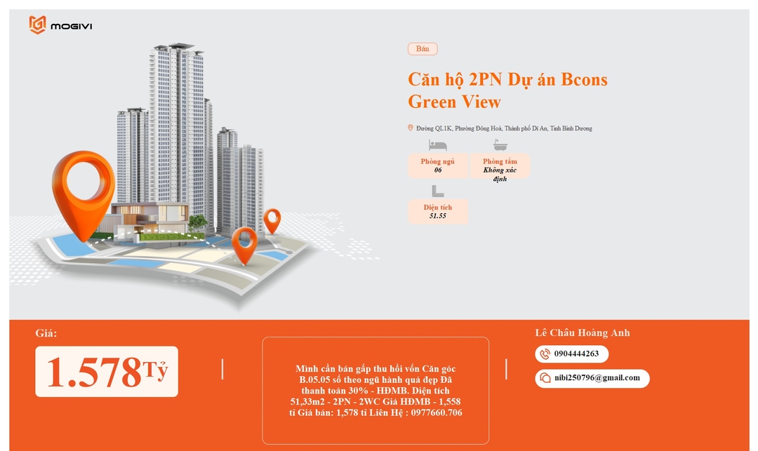 Mua Bán Căn hộ 2PN Bcons Green View 51.55m2 Giá 1,578 tỷ VND