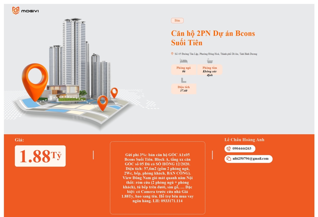 Mua Bán Căn hộ 2PN+ Bcons Suối Tiên 57.6m2 Giá 1,88 tỷ VND