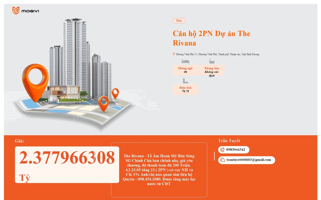 Mua Bán Căn hộ 2PN The Rivana 70.78m2 Giá 2,377966308 tỷ VND
