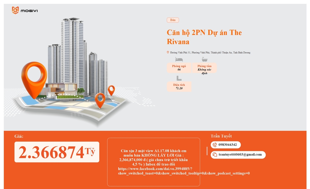 Mua Bán Căn hộ 2PN The Rivana 71.2m2 Giá 2,366874 tỷ VND