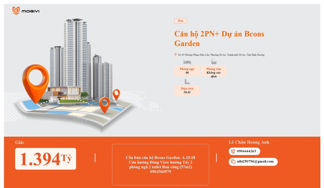 Mua Bán Căn hộ 2PN+ Bcons Garden 56.61m2 Giá 1,394 tỷ VND