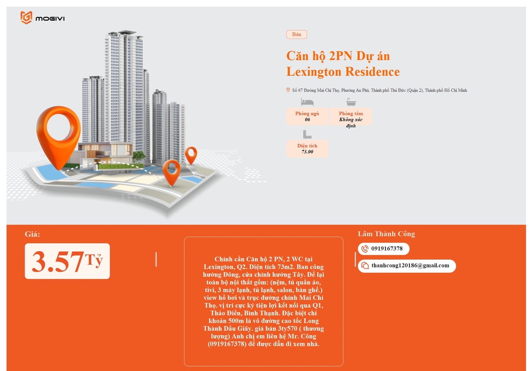 Mua Bán Căn hộ 2PN Lexington Residence 73m2 Giá 3,57 tỷ VND