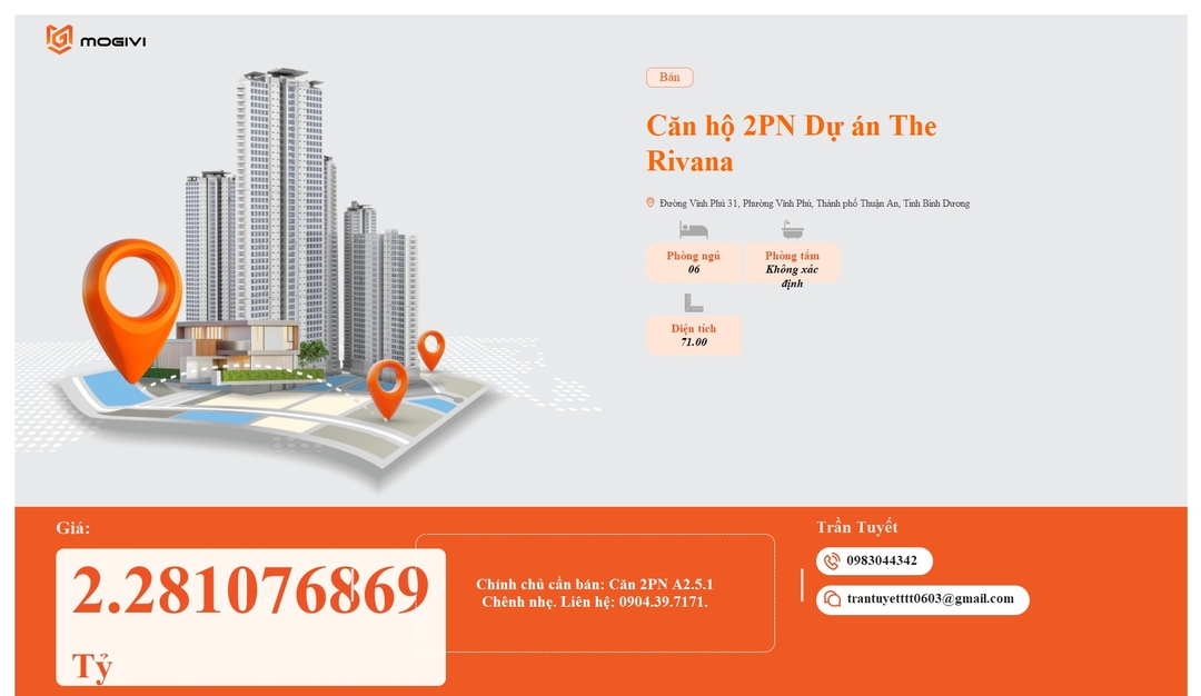 Mua Bán Căn hộ 2PN The Rivana 71m2 Giá 2,281076869 tỷ VND