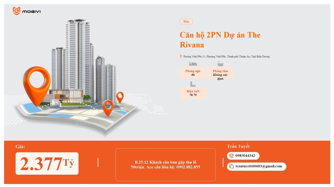 Mua Bán Căn hộ 2PN The Rivana 70.79m2 Giá 2,377 tỷ VND