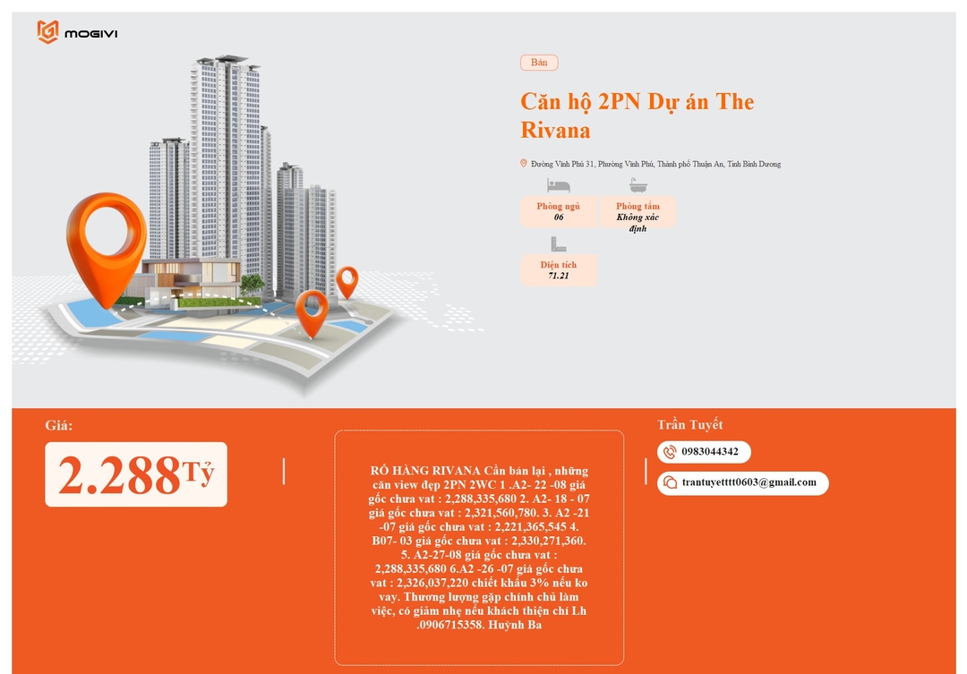 Mua Bán Căn hộ 2PN The Rivana 71.21m2 Giá 2,288 tỷ VND