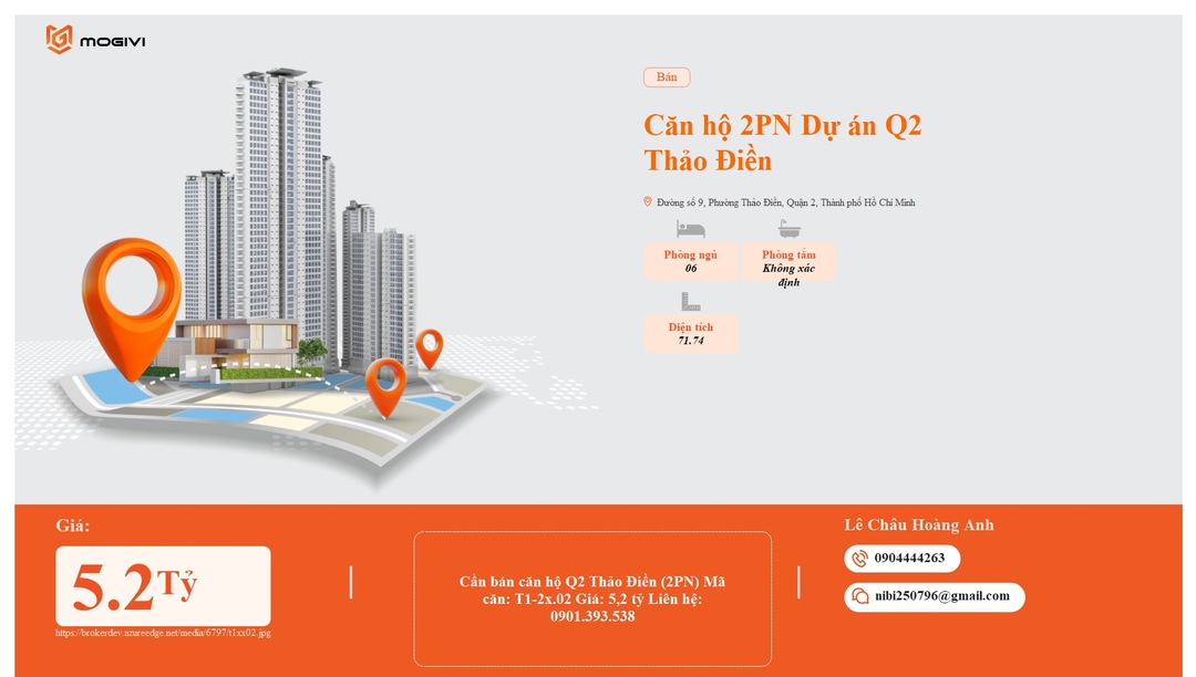 Mua Bán Căn hộ 2PN Q2 Thảo Điền 71.74m2 Giá 5,2 tỷ VND