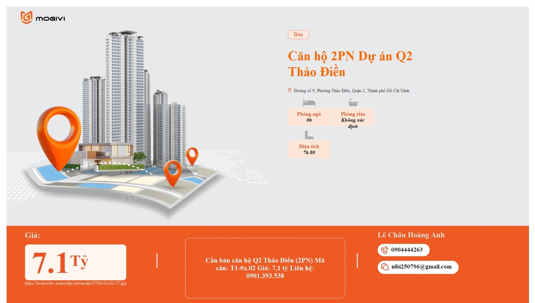 Mua Bán Căn hộ 2PN Q2 Thảo Điền 76.8m2 Giá 7,1 tỷ VND